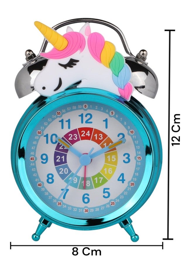 De'rons Twin Bell Analog Table Alarm Clock with Backlight for Heavy Sleepers Alarm Clock for Students Funny Cute Cartoon Unicorn Shape Alarm Clock for Girls Kids Boys Bedroom 12 x 8 cm (Turquoise) - Image 3